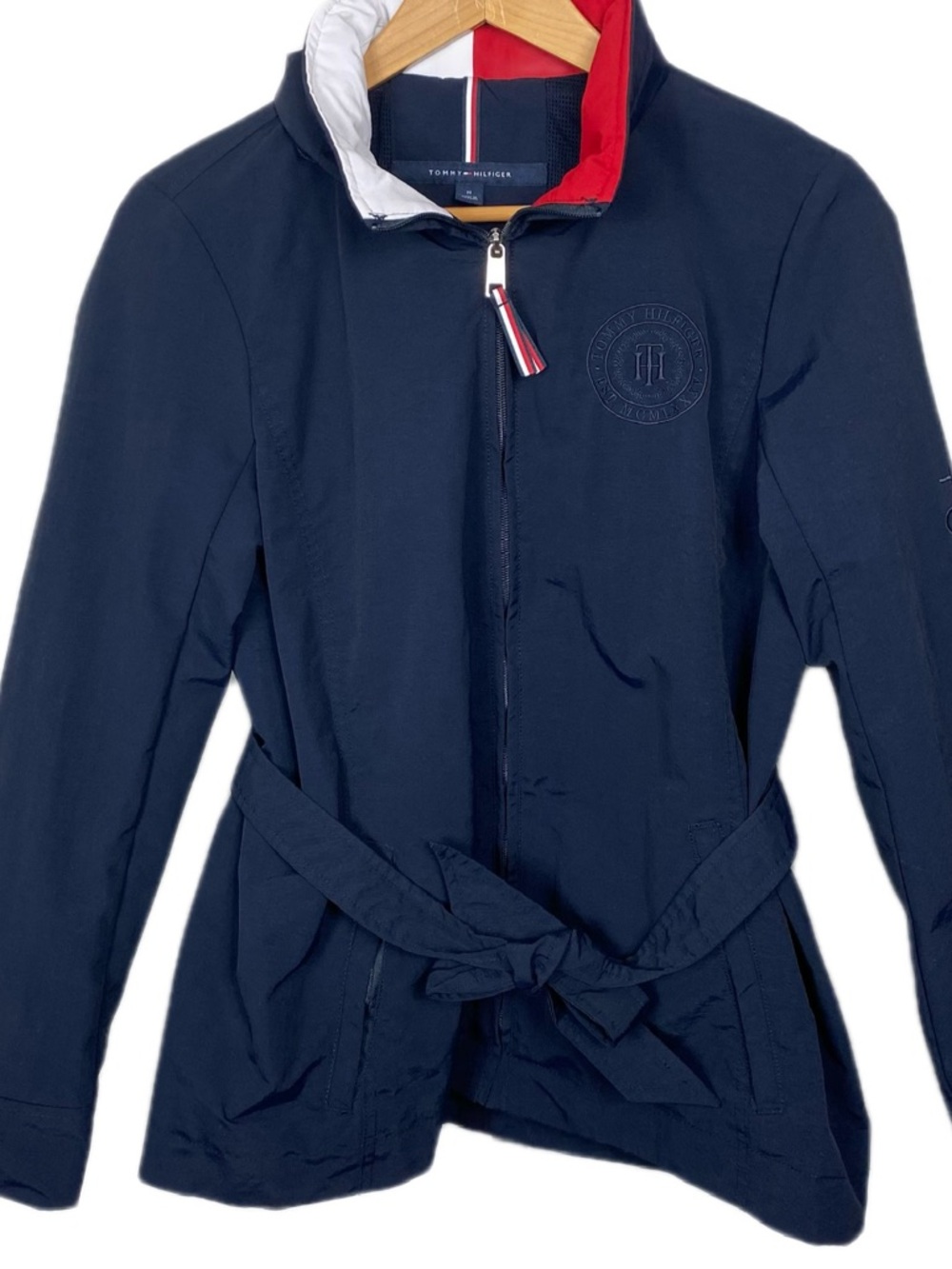 Tommy Hilfiger Navy Zip Jacket with Red White Collar Accents Hidden Hood Detail